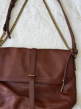 Fossil brown leather crossbody bag with chain strap...